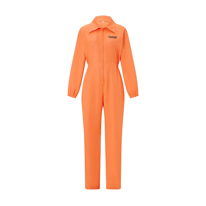 Women Man Halloween Prisoner Costume Number Print Long Sleeve Lapel Front Zipper Overalls Jumpsuit Jail Criminal Clothes