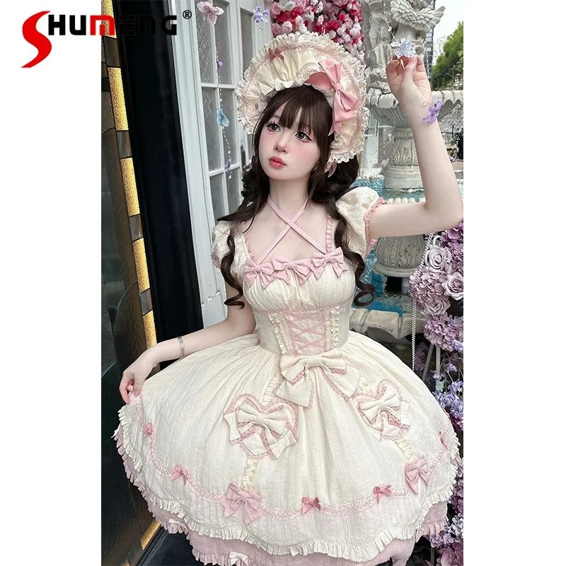 

Elegant Lolita Princess Dress Lace Up Square Neck Bubble Short Sleeve Bow Slim High Waist Cute Sweet Daily Lolita Dress Women
