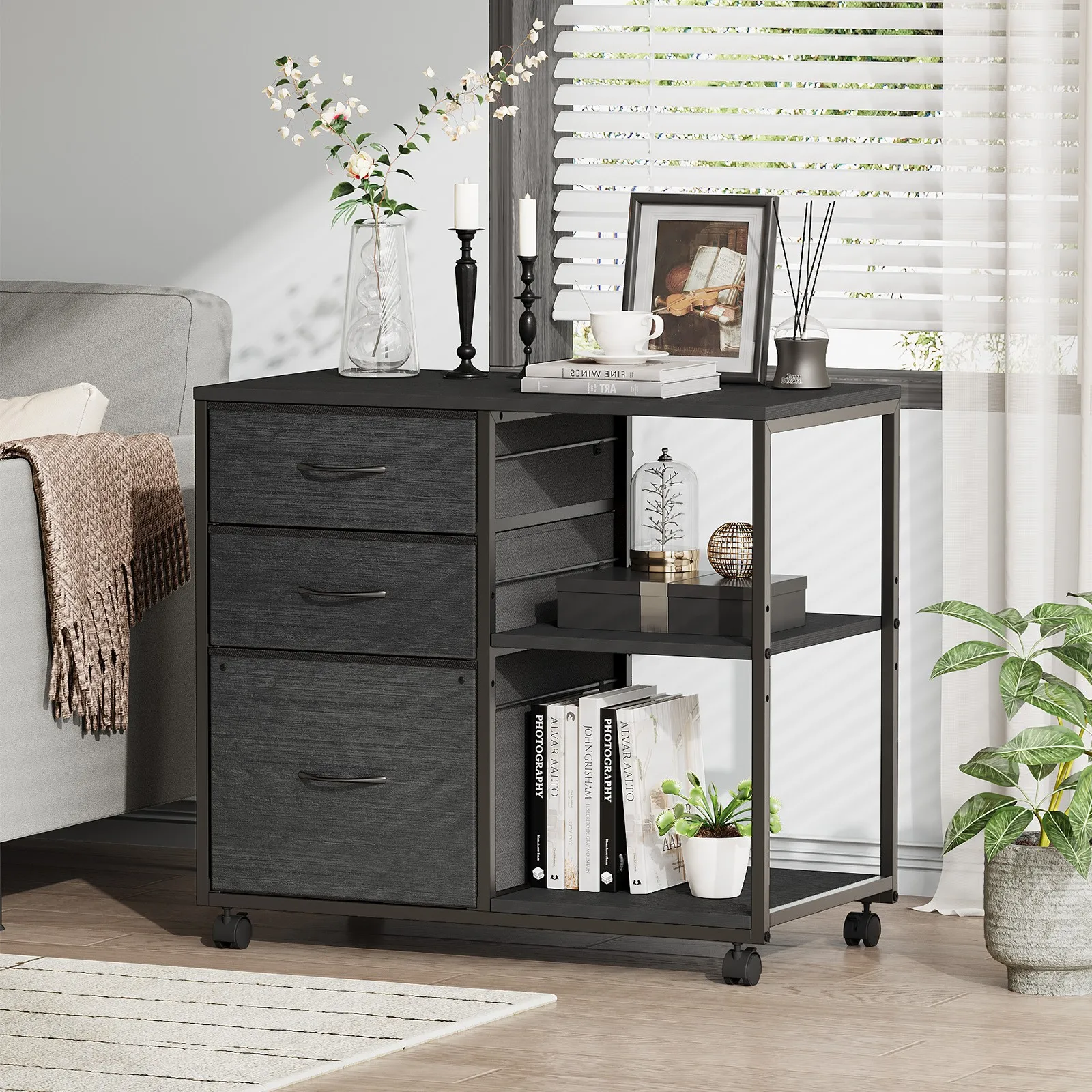 3-Drawer Rolling Filing Cabinet with Storage Shelves, 28