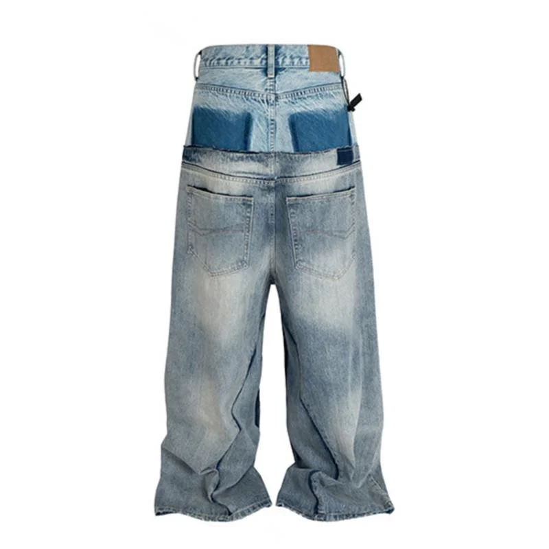 HKSH Spring Autumn New Men Tide Punk Ripped Denim Pants Women Spliced Double Layer Waist Baggy Jeans Streetwear Chic Ins HK3747