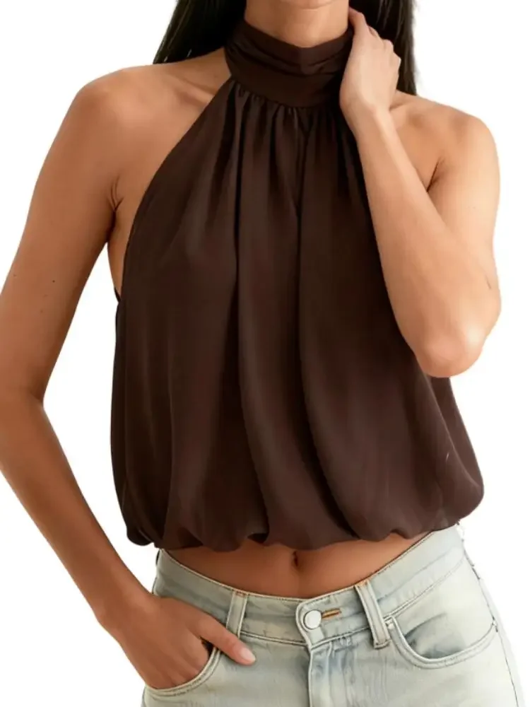 ZOCI Women's  Elegant Top Halter-Neck Backless Solid Colour Top Sexy Off Shoulder Top Night Club Party Top