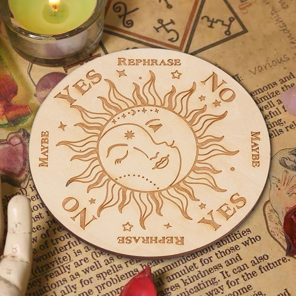 Round Wooden Boards Laser Carving Sun Conjunct Moon Pendulum Board Crystal Display Metaphysical Healing Witchs Altar Supplies