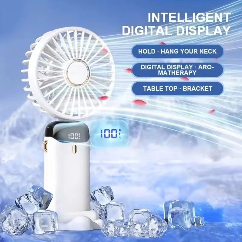 Handheld Mini USB Fan Portable Electric Fan Foldable Neck Hanging Fans 5 Speed USB Rechargeable Fan With LED Display Screen Desk