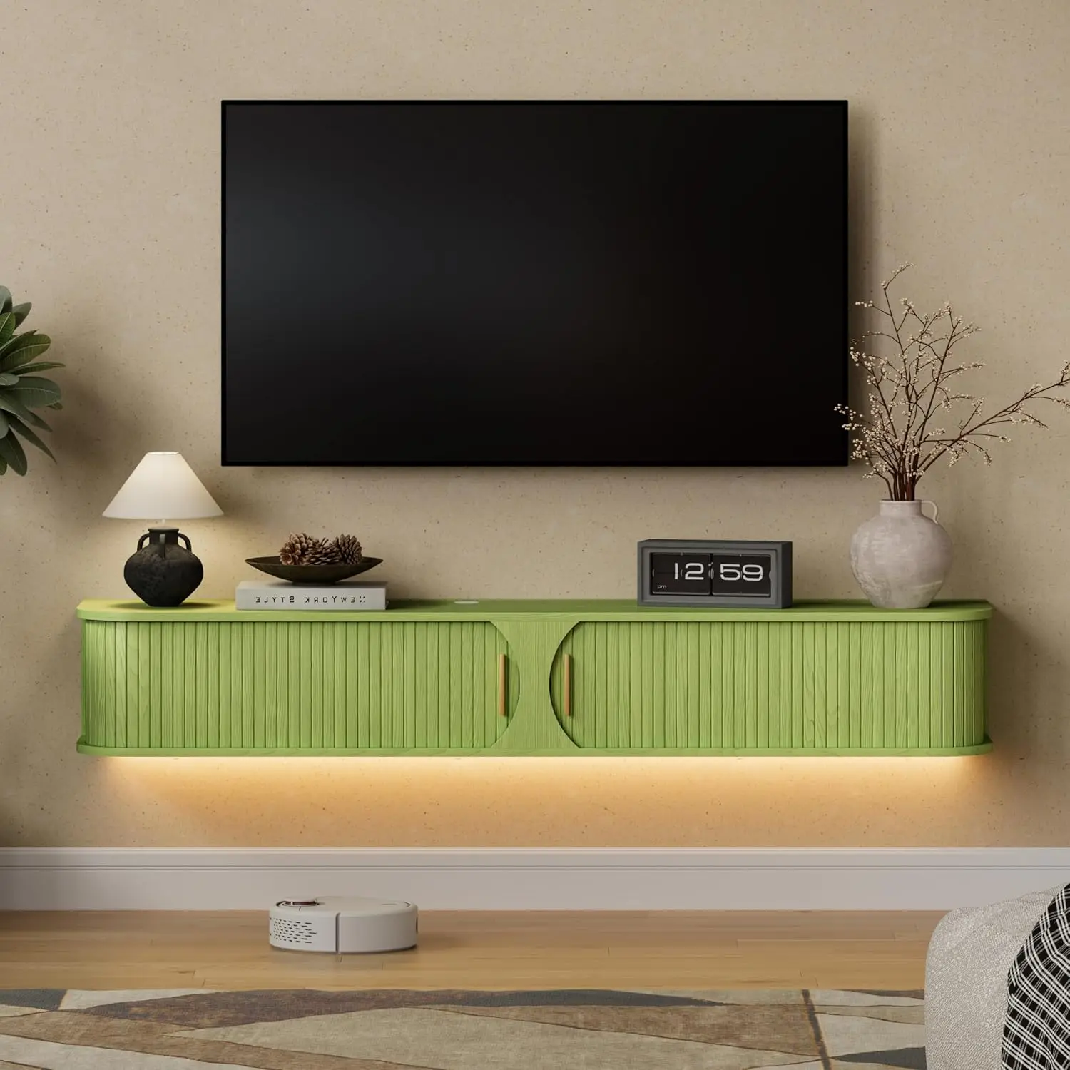 Floating TV Console With Power Socket And LED Lights For 70 Inch Screens Mid Century Modern Sliding Door Entertainment Center Gr