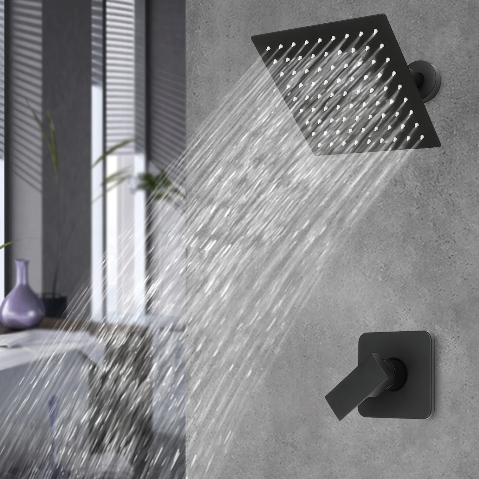 Cabeça de chuveiro preta, cabeça giratória de 8 x 8 polegadas, altura ajustável, aço inoxidável, design moderno para qualquer banheiro