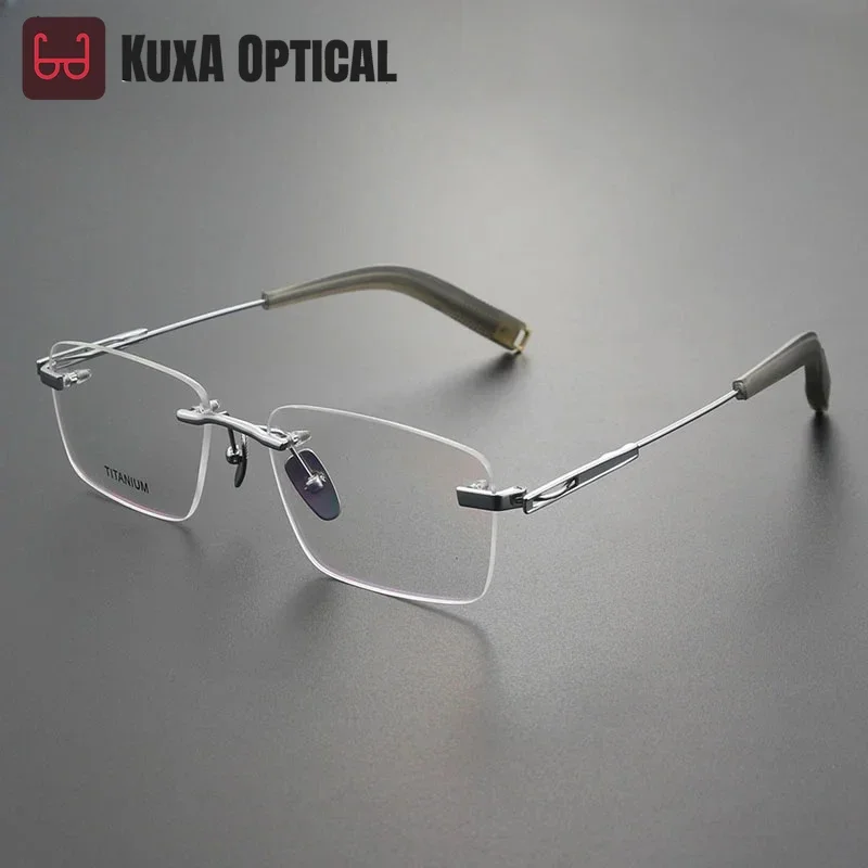 

KUXA мужские очки без оправы, дизайнерские очки из чистого титана, ультра легкая оправа, мужские оптические очки по рецепту для чтения