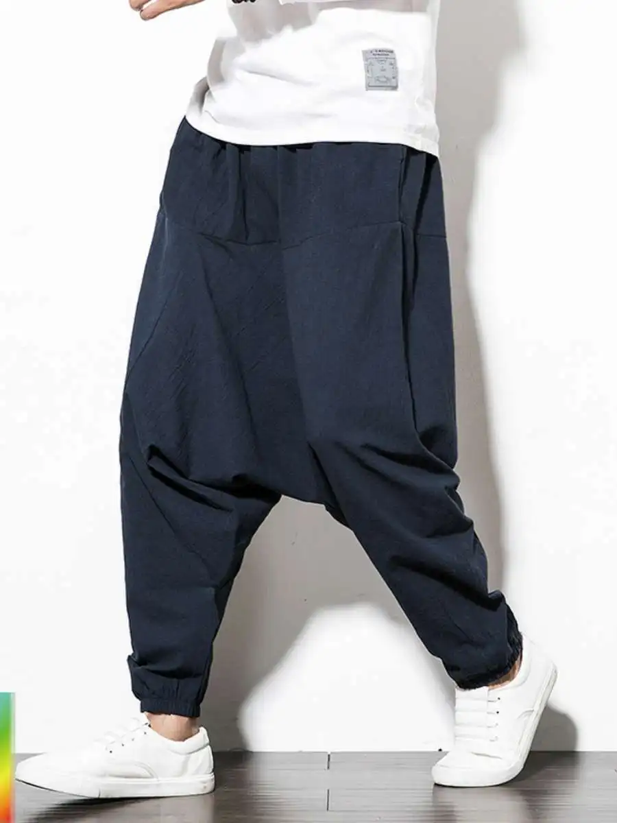 

Мужские свободные брюки-шаровары из хлопка и льна, летние повседневные, с низкой талией, широкие, винтажные, в стиле фонарик, удобные для весны и осени