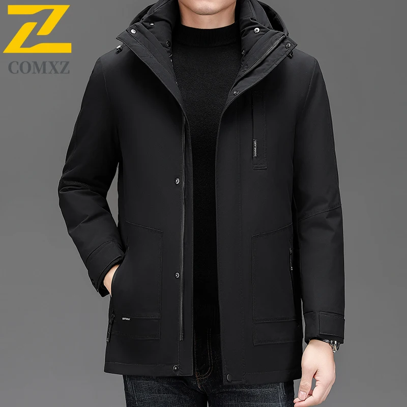 COMXZ Luxury Men Down Jacket New High-quality Goose Down Work Lightweight Puffer Jacket Detachable Hood Travel Warm Winter Coats