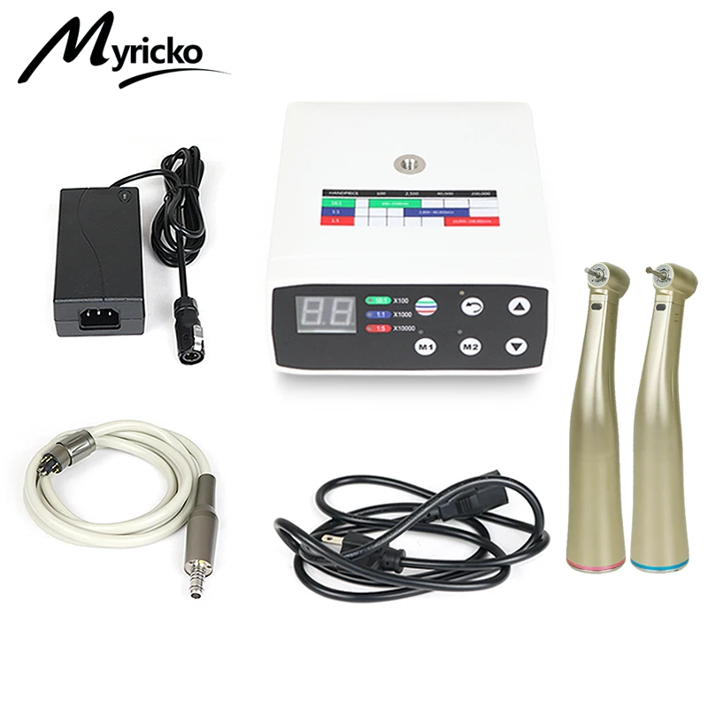 Myricko 1:5/1:1 Fiber Optic Contra Angle Dental Low Speed Red Rings Handpiece Micromotor Push Button Dentistry Instrument Tools