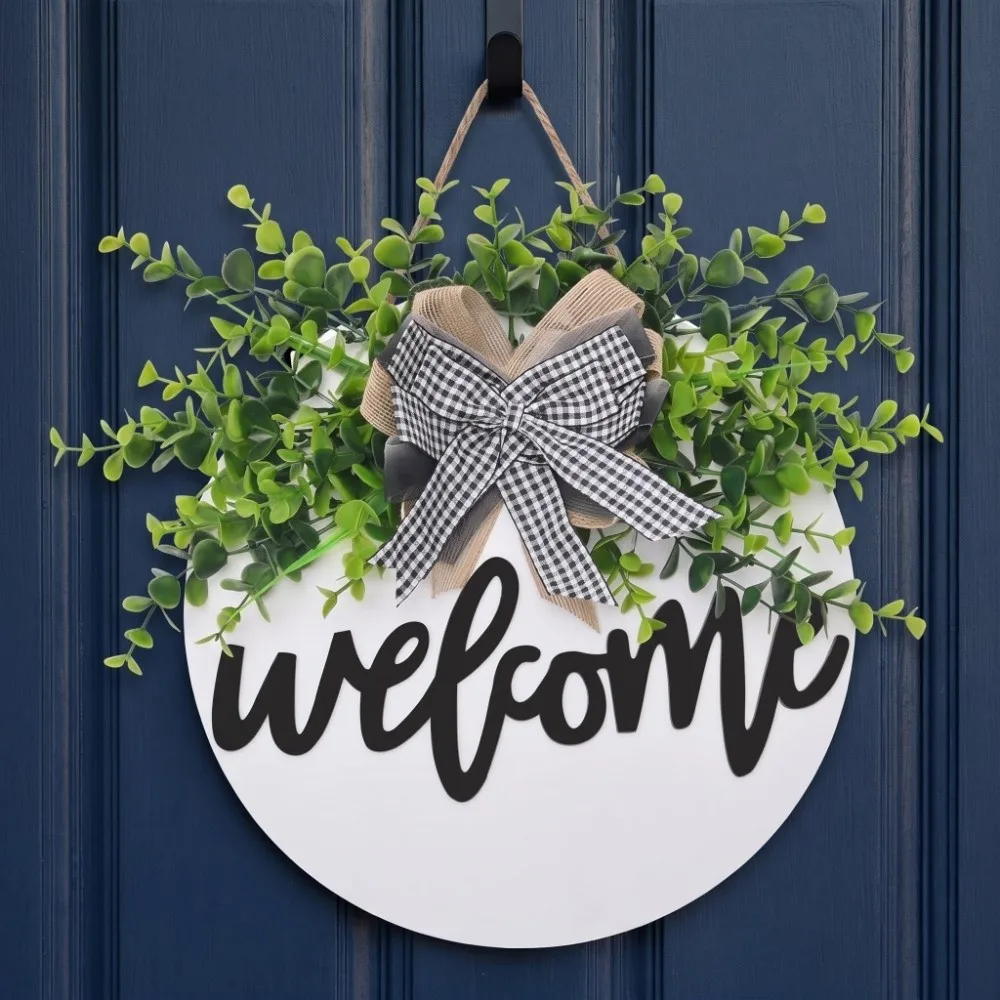 30cm 11.81in Wooden Welcome Sign Artificial Plant Round Shape Hanging Decoration Welcome/Hello Bowknot Door Wreath Porch Decor