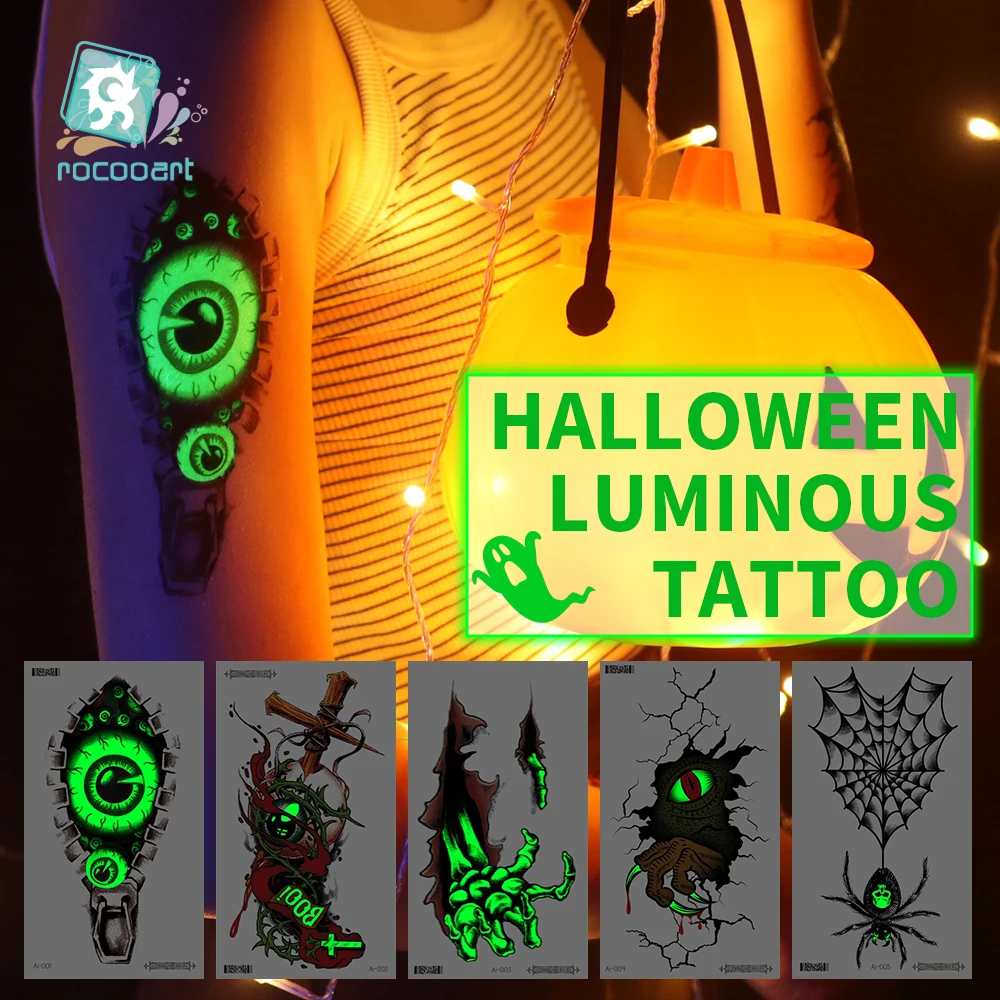 Pegatina de tatuaje luminoso para Halloween, tatuaje temporal impermeable, Cráneo, Eeyeball, fantasma, Araña, tótem cruzado, tatuaje falso