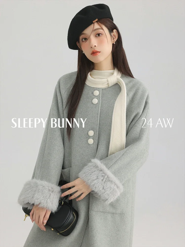 

Winter Grey Wool Coat Women Elegant Mid-Length Plush Sleeve Warm Overcoat Stylish Casual Fashion Outerwear 2024 Trendy Clothing