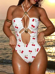 Sexy Lace Up Bandeau One Piece Swimsuit Printed Hollow Out Swimwear Women Monokini High Waisted Bathing Suits Beach Wear Bather