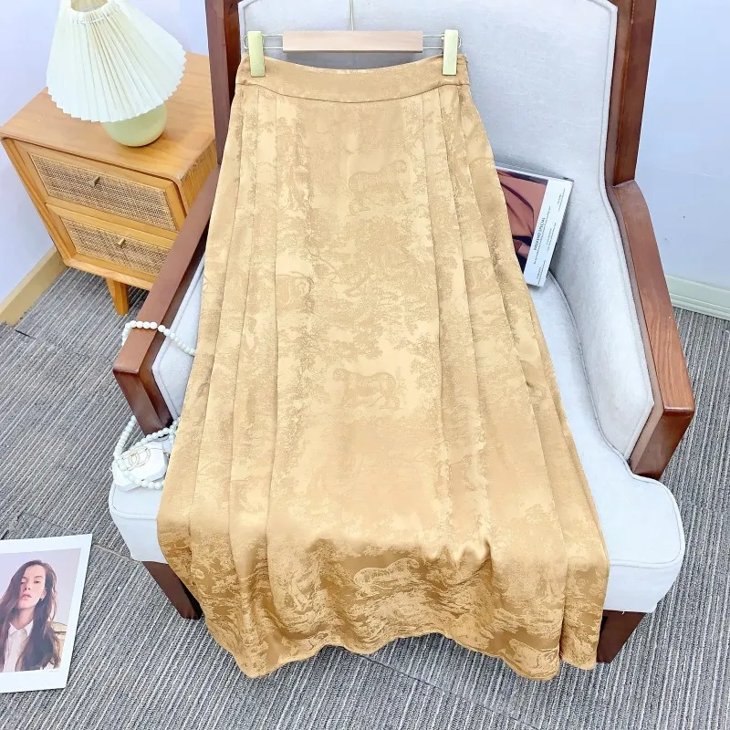 

Новая китайская шелковая юбка А-силуэта с высокой талией, женская длинная юбка, модная коллекция Весна 2025, однотонная, для повседневной носки