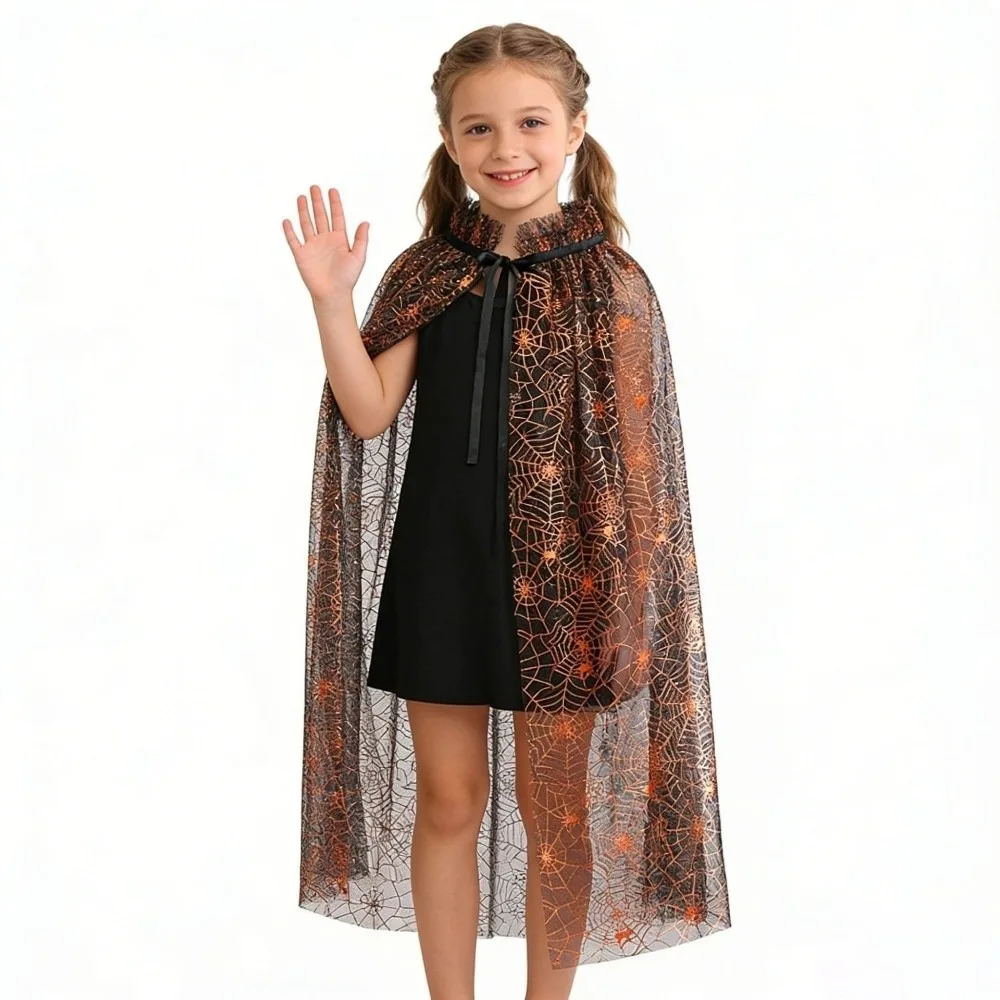 Gothic Spider Web Halloween Tulle Cape Soft Long Kids Mesh Cloak Sheer Polyester Cosplay Bridal Costume Photoshoot 2