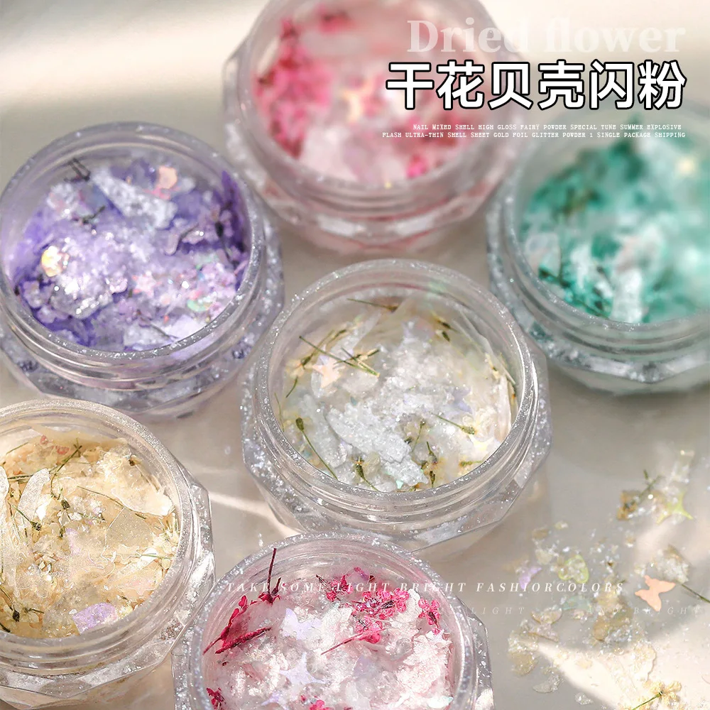 

1PC Mixed style Sparkling Colorful Shell Slices Opal Powder Dreamy Cloud Brocade Sparkling Powder Flower Thin Nail Glitter