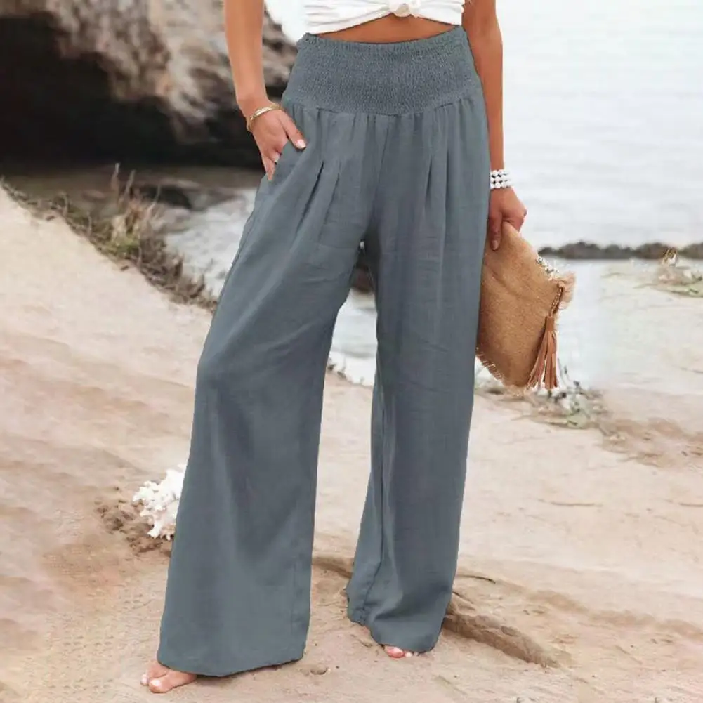 

Women Beach Pants Cotton Hemp High Waist Straight Pants Elastic Waist Popular Women's Casual Pants Wide Leg Baggy Trousers