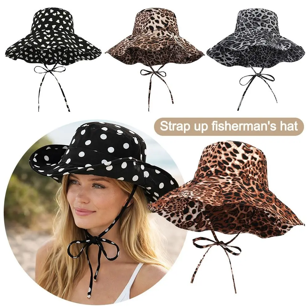 Fashion Black Dot Bucket Hats Sweet Lace-up Design UV Protection Sun Hat Leopard Print Sun Protection Fisherman's Hat Summer