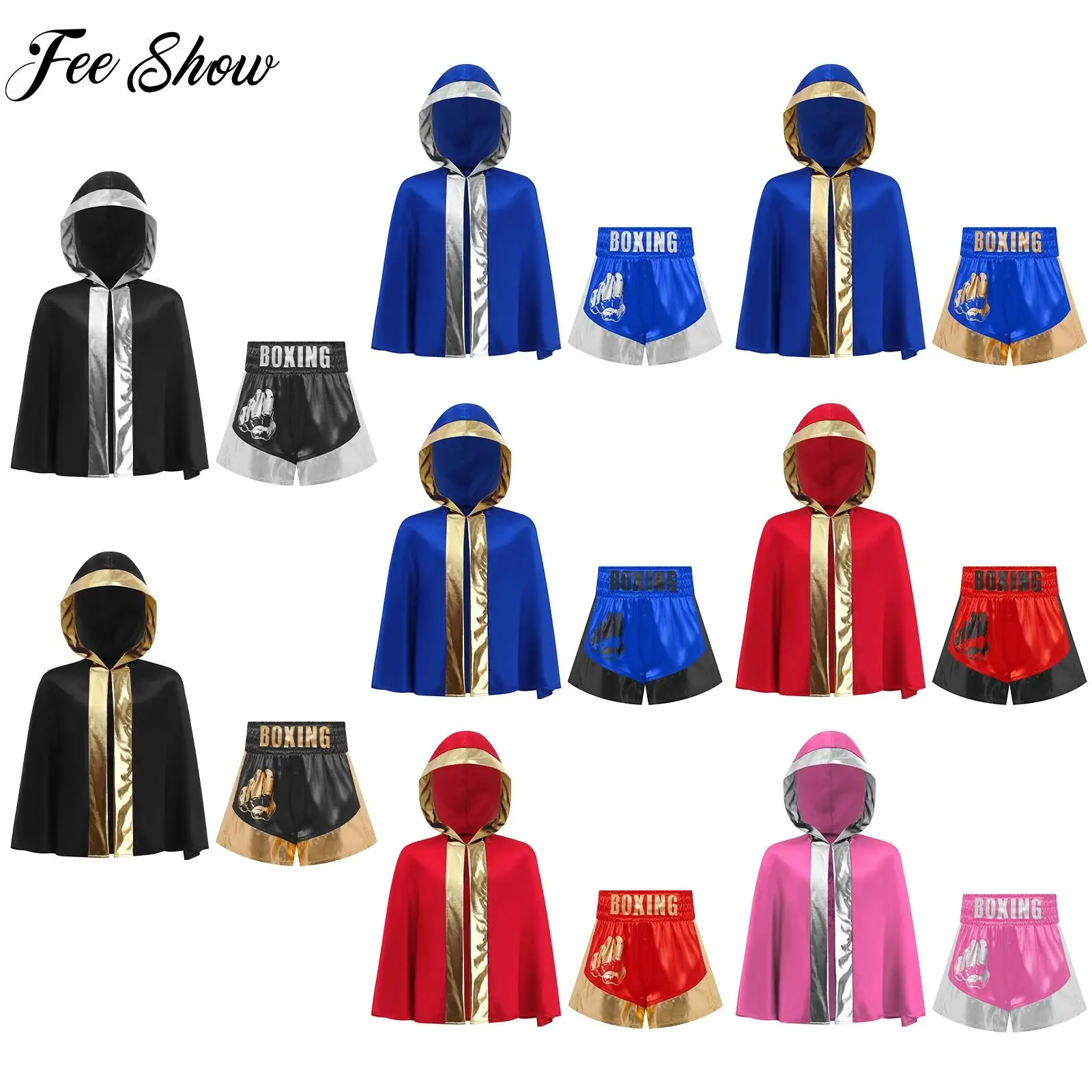 

Kids Muay Thai Outfit Boys Girls Boxing Training Martial Arts Fight Suit Open Front Metallic Trim Back Hooded Cloak+Satin Shorts