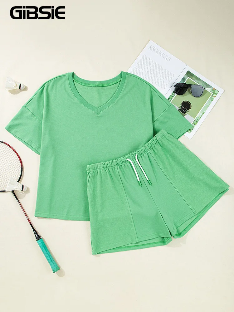 

GIBSIE Plus Size Solid Loose Two Piece Set Women Summer V-neck Short-sleeved T-shirt and Shorts Fashion Sports Casual Short Sets