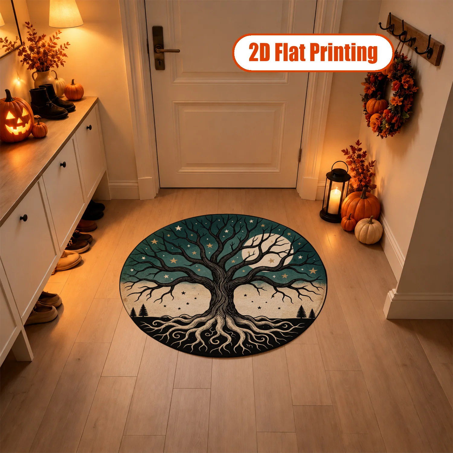 Celestial Tree of Life Starry Night Round Area Rug Velvet Machine Washable Soft Floor Mat for Living Room Bedroom Dining Room Entryway Halloween Thanksgiving Christmas New Year Black Friday Cyber Monday Home Decor