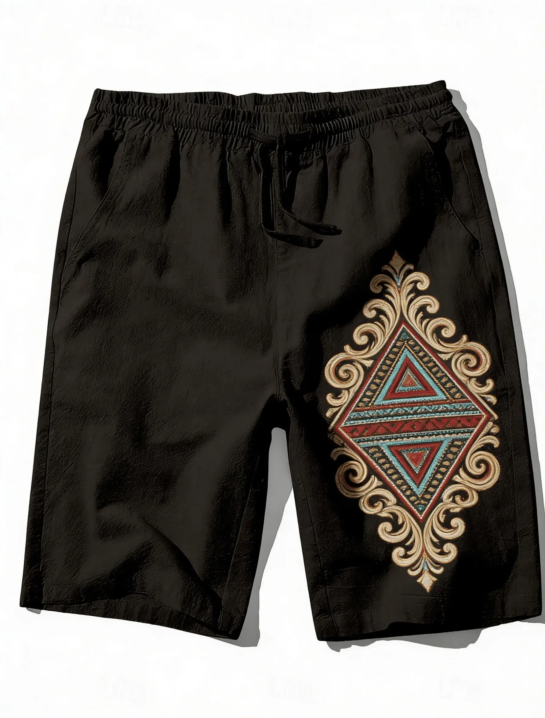 

Men's Black Ethnic Diamond Embroidery Print Drawstring Shorts, Spring Summer Retro Boho Casual Shorts, Pocket Beach Shorts