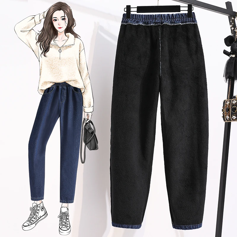 

High Waist Thiened Fce Ladies Jeans Autumn Winter Large Size Harlan Dad Loose Slimming Long Pants Casual Sle