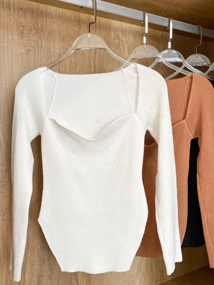 Square Collar Long Sleeve Woman Sweaters Knitted Pullover Women Spring Autumn Sweater Winter Tops For Women Black White Jumper