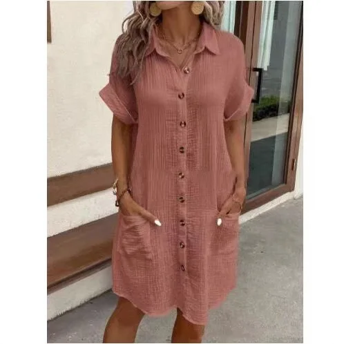 

Casual Solid Color Cotton and Linen Breasted Medium and Long Short-sleeved Loose Dress Women's Clothing 2025 European American