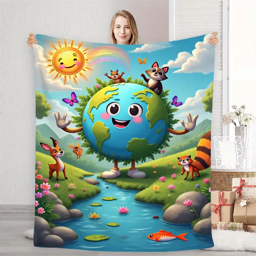 Cartoon Smiling Earth Forest Wild Animals River Rainbow Flannel Throw Blanket, Cute Wildlife Blanket for Nursery Room
