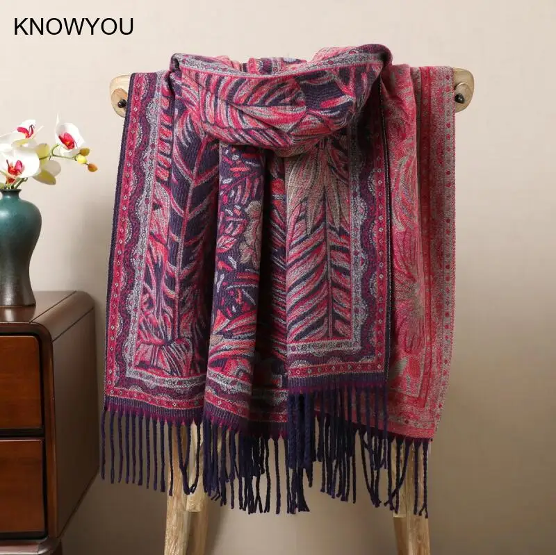 

Пейсли платок из смеси кашемира, шаль с кисточками, зимний теплый толстый жаккардовый шарф, пашмина, мусульманский женский хиджаб в этническом стиле