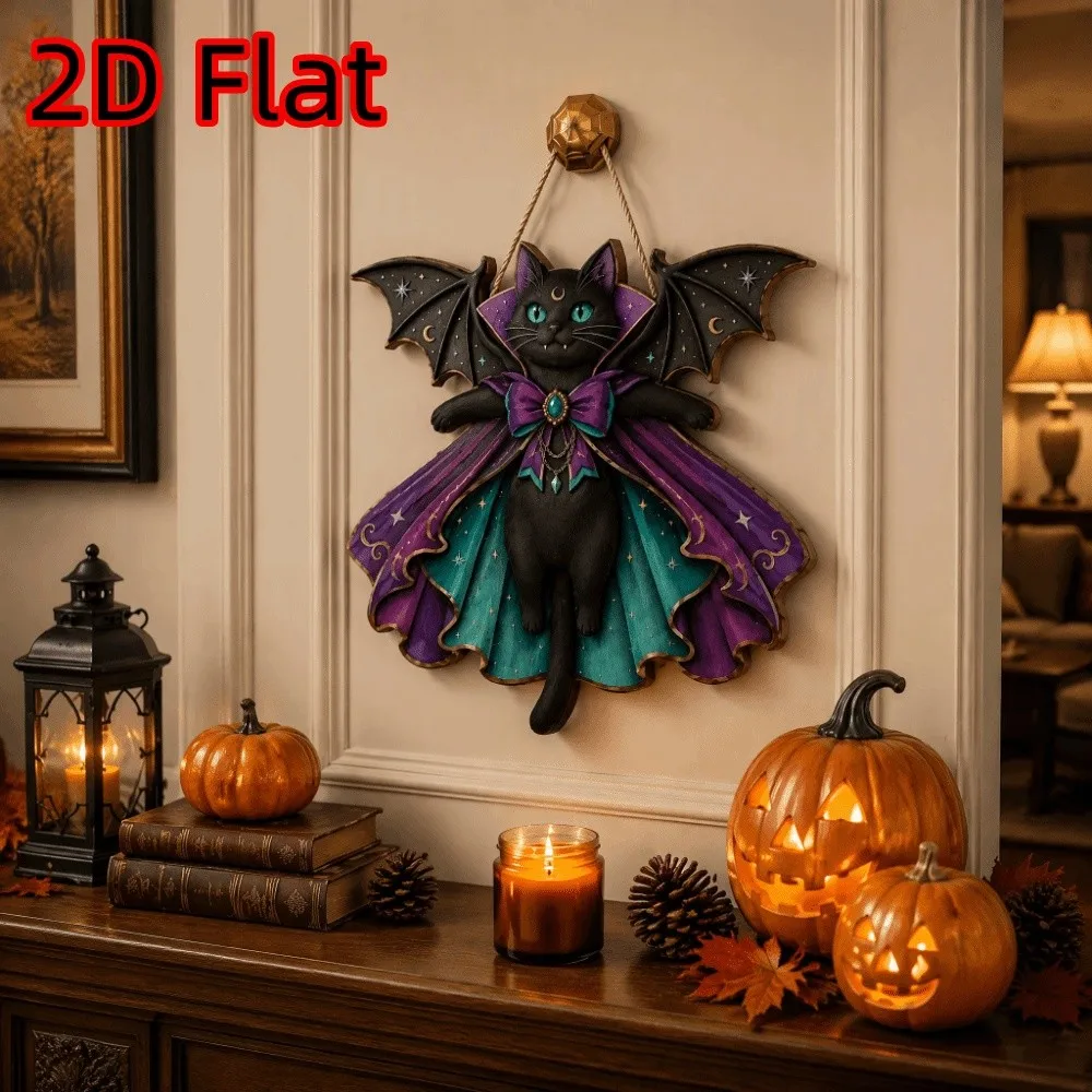 2D Flat Halloween Black Cat Door Sign Gothic Moon Star Holiday Bat Wing Cat Pendant Bow Knot DIY Spooky Halloween Wall Plaque