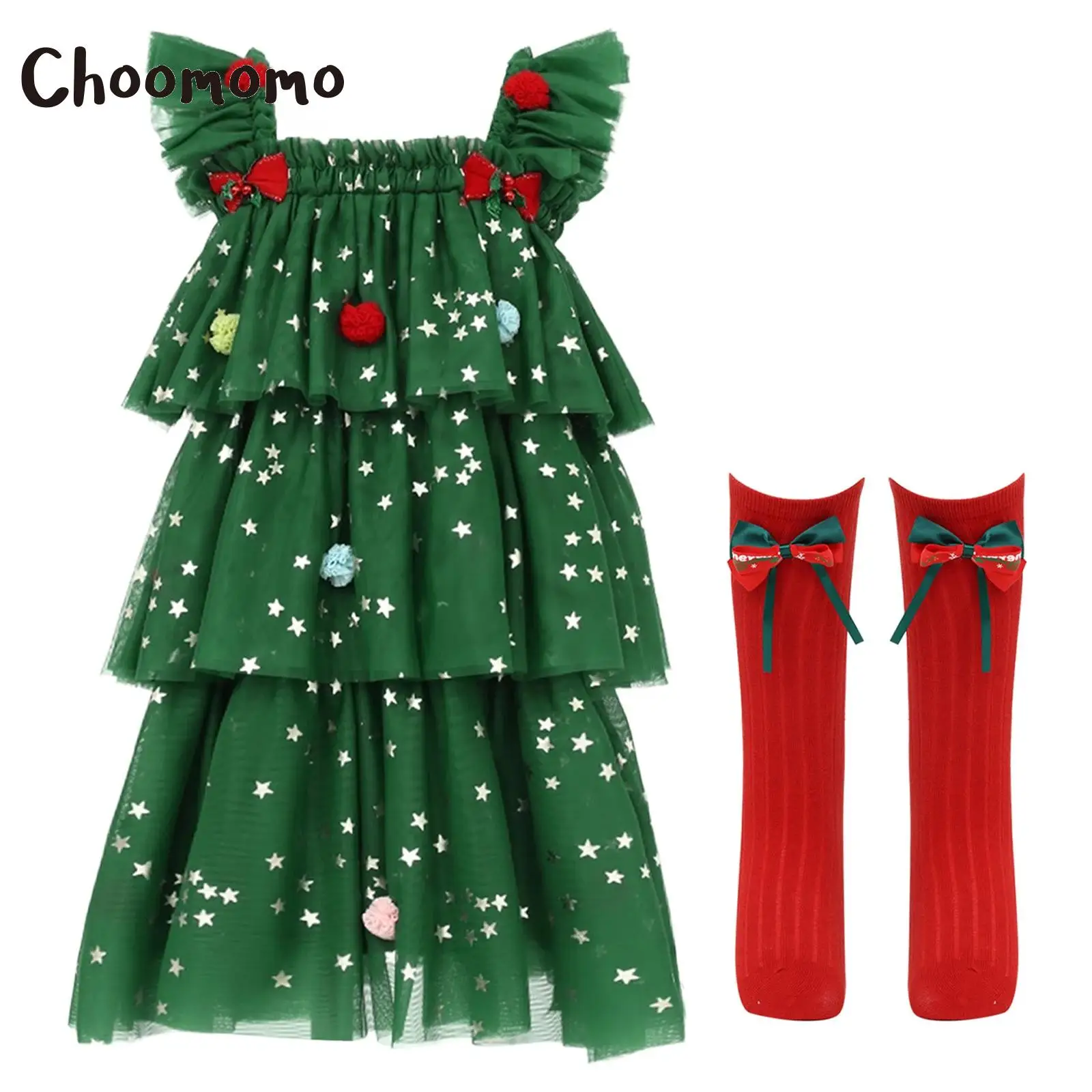 

Toddler Baby Girl Christmas Xmas Santa Dress Golden Star Print Ruffled Layered Tulle Tutu Dress and Socks for New Year Party