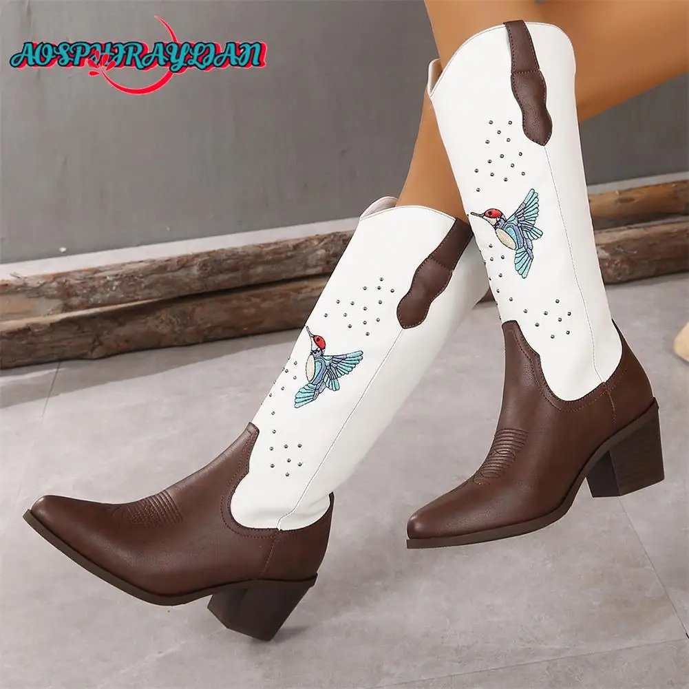 

Brand New Ladies Chunky Heel Western Cowboy Boots Fashion Embroider Bird Rivet women's Boots Mixed Colors Cowgirl Shoes Woman