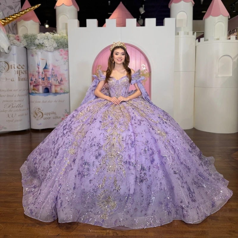 

lavender Shiny Ball Gown Quinceanera Dresses Applique Lace Beading Crystal Tull Corset Off The Shoulder Sweet 16 Dress vestidos