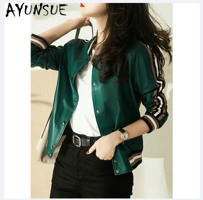 AYUNSUE シープスキン本革ジャケットシングルブレストレディースコートカジュアルベースボールジャケット新 0uterwears Jaqueta De Couro
