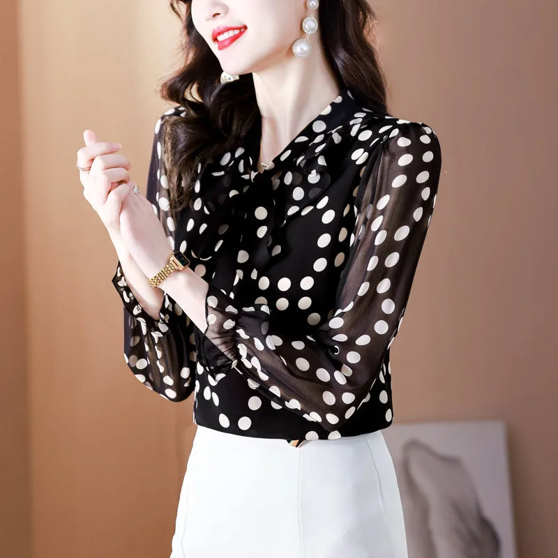 Vrouwen Lente Herfst Stijl Chiffon Blouses Shirts Dame Casual Lange Mouw Strik Kraag Polka Dot Gedrukt Blusas Tops Df4925