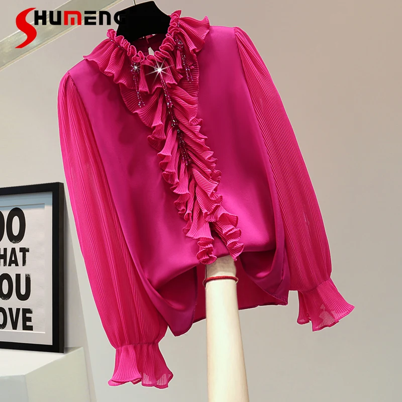 Tassel Bead Lantern Sleeve Shirt 2023 Spring Korean Style Loose Slimming Tops Solid Color Pleated Ruffled Long Sleeve Blouse