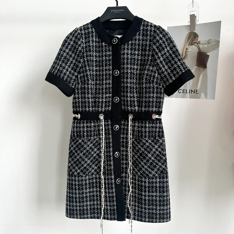 

High Quality Casual Plaid French Small Fragrance Dress Women O Neck Pearl Metal Waist Chain Cardigan Short-sleeved Tweed Dress