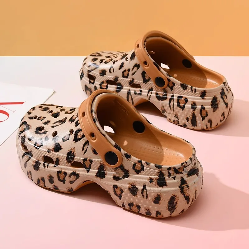 

Leopard print women's height increasing shoes with soft sole and a sense of stepping on feces, non slip and casual hole shoes