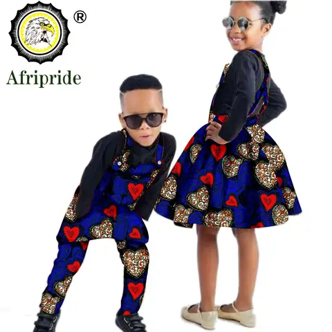 African Children Clothing Wax Print Ankara Boy Suspender Trousers And Girl Suspender Skirt 100% Cotton AFRIPRIDE S204014