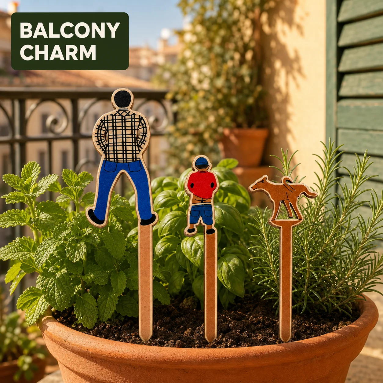 New Fun Pottery Wooden Mini Card Father Son Dog Courtyard Home Flower Pot Decoration