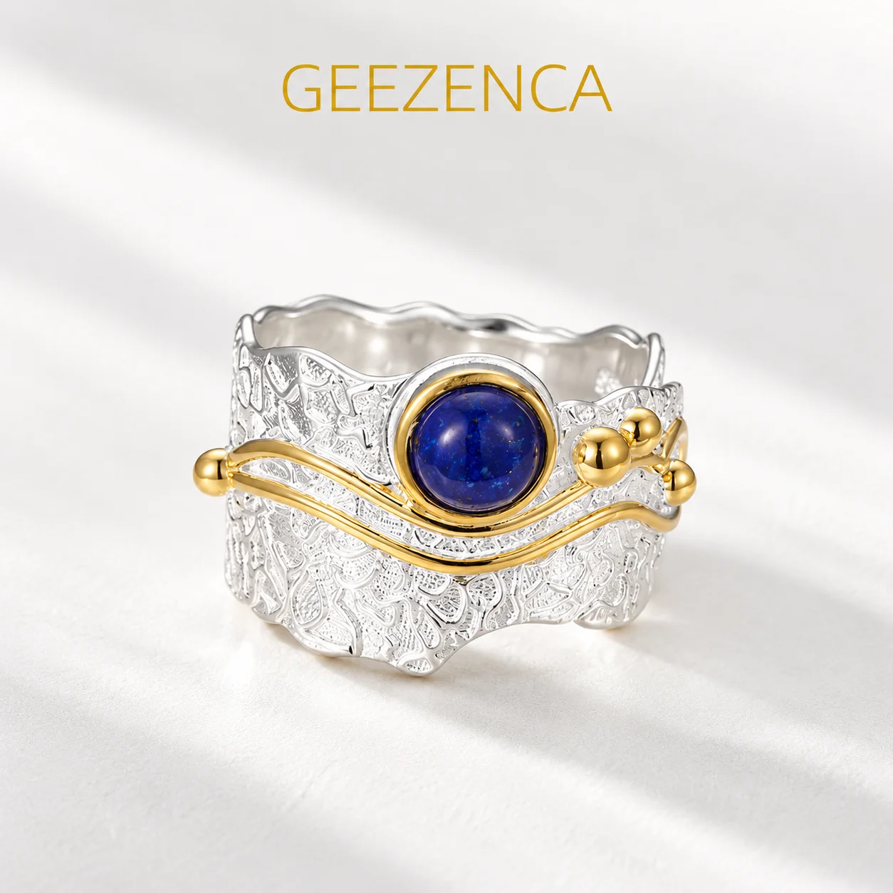 GEEZENCA 925 Silver Blue Lapis Lazuli Statement Wide Rings Two Tone Chunky Ring Clearance Limited Stock First Come First Get
