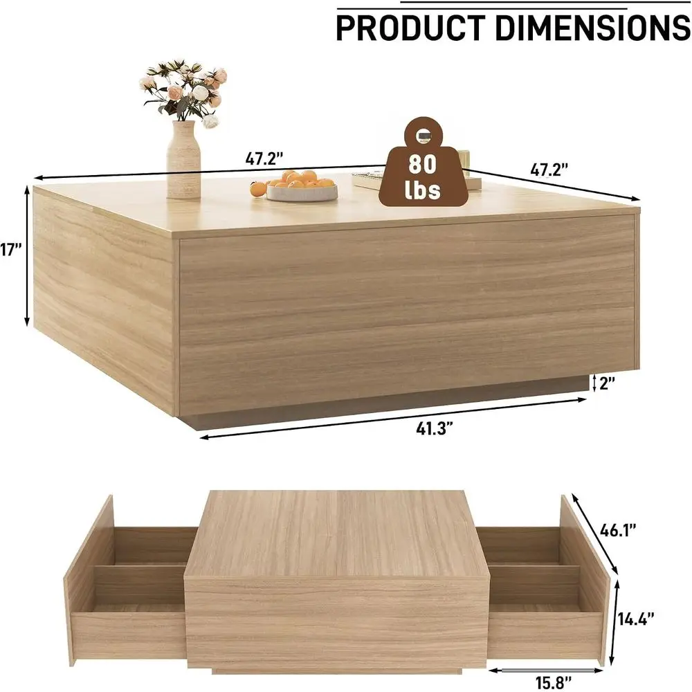 47 Inch Large Square Coee Table with Storage,ern Wooden Coee Tables with 2 Ders Storage or Living Room,Century Tea Table/Aesthet