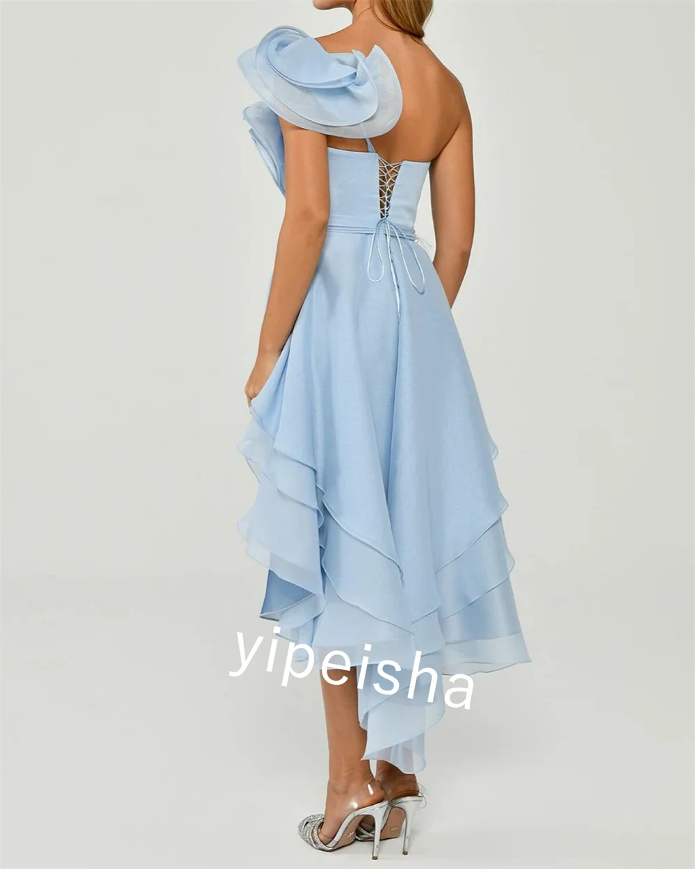 Customized Chiffon Pleat Flower Clubbing A-line One-shoulder  Bespoke Occasion Gown Hi-Lo Dresses