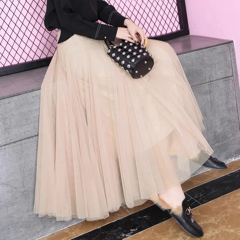 Korean Ladies Mid Length Version Mesh Long Skirts Summer Female A-line Half Length Skirt Women High Waisted Fashion Maxi Skirt