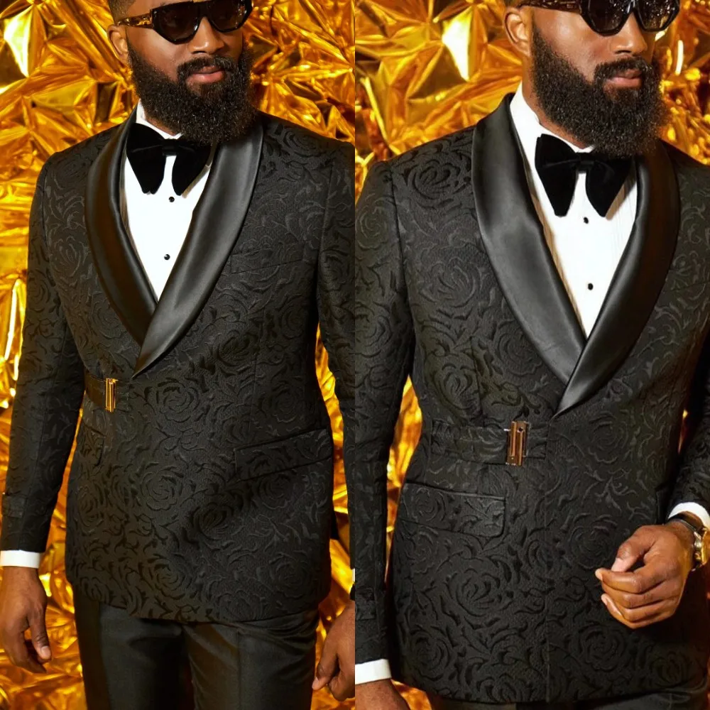 

Black Luxury 2-piece Set Men Suit Party Shawl Collar Double Breasted Business Casual Suit Groom's Wedding Dress Jacquard Pattern