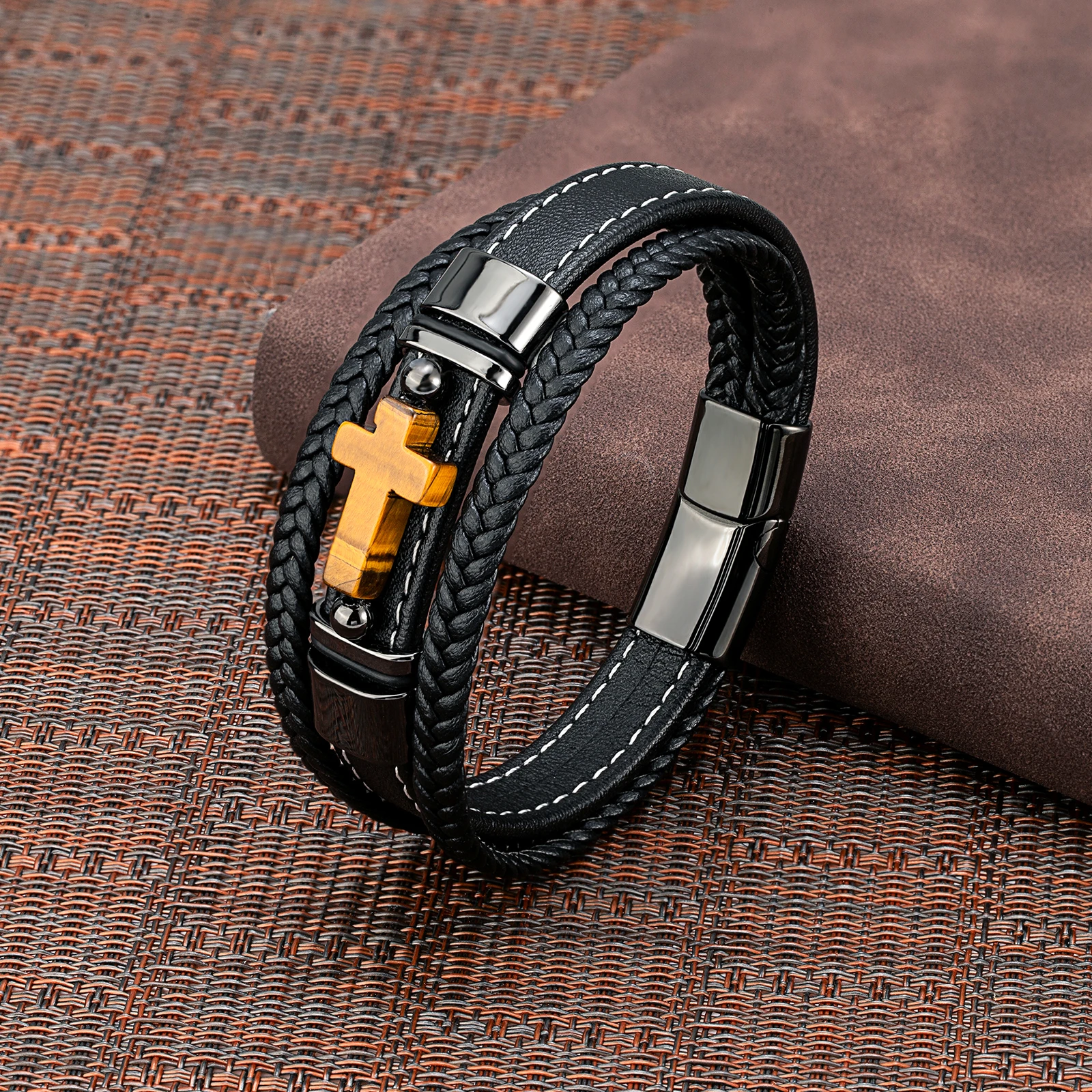 2023 New Vintage Style Cross Natural Tiger Eye with Stainless Steel Casual Collocation 3 Layer Black Leather Cord Mens Bracelet