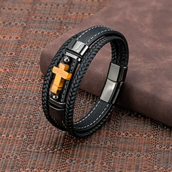 2023 New Vintage Style Cross Natural Tiger Eye with Stainless Steel Casual Collocation 3 Layer Black Leather Cord Mens Bracelet