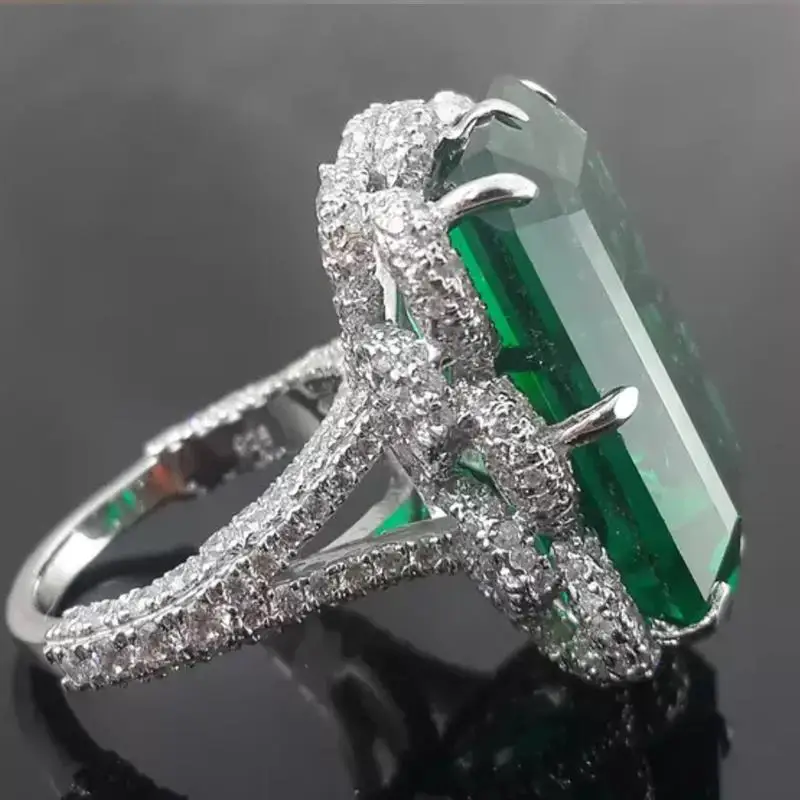 Huitan achteckiger Damen-Ring in Silberfarbe, moderner Partyschmuck mit hellgrünem Zirkonia, modische Accessoires – Detail 6